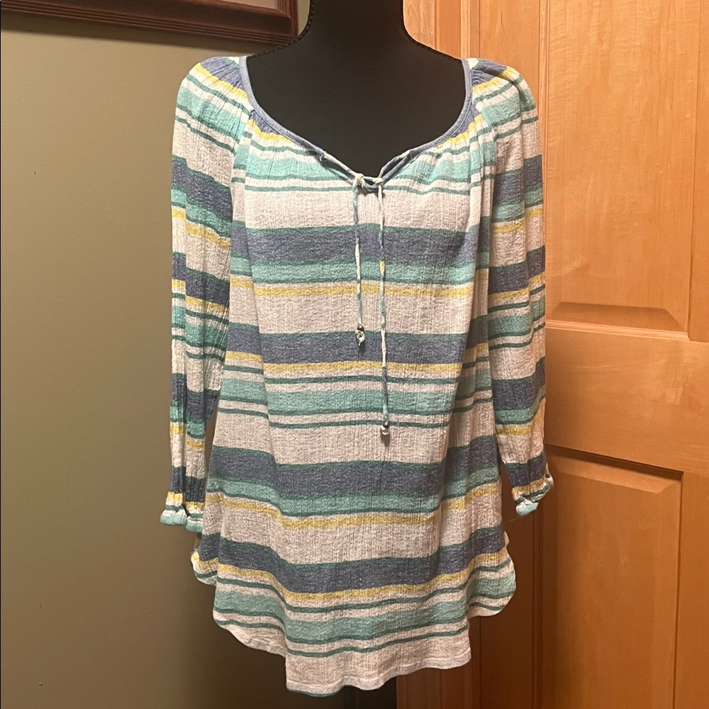 Chaps Womens Striped Crinkle Gauze Top Coastal Grandma Boho Chic Cotton Tunic LP